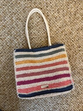 Striped Crochet Tote Bag in Cream and Multicolor